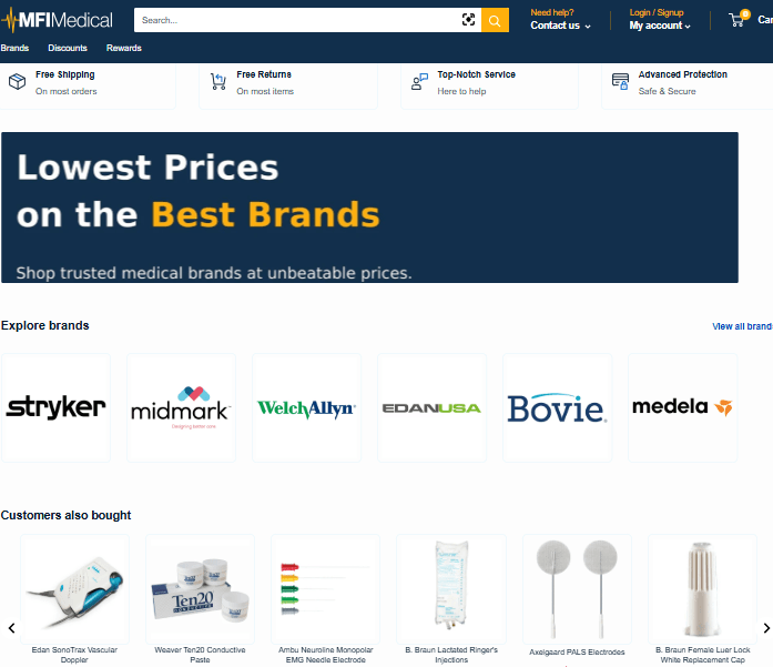 Screenshot of MFI Medical online store homepage showing medical equipment categories and promotions