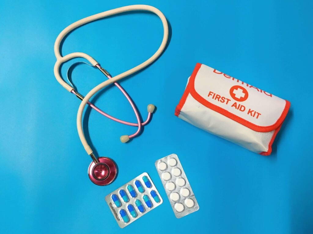“Various medical supplies and equipment laid out for hospital or clinical use”